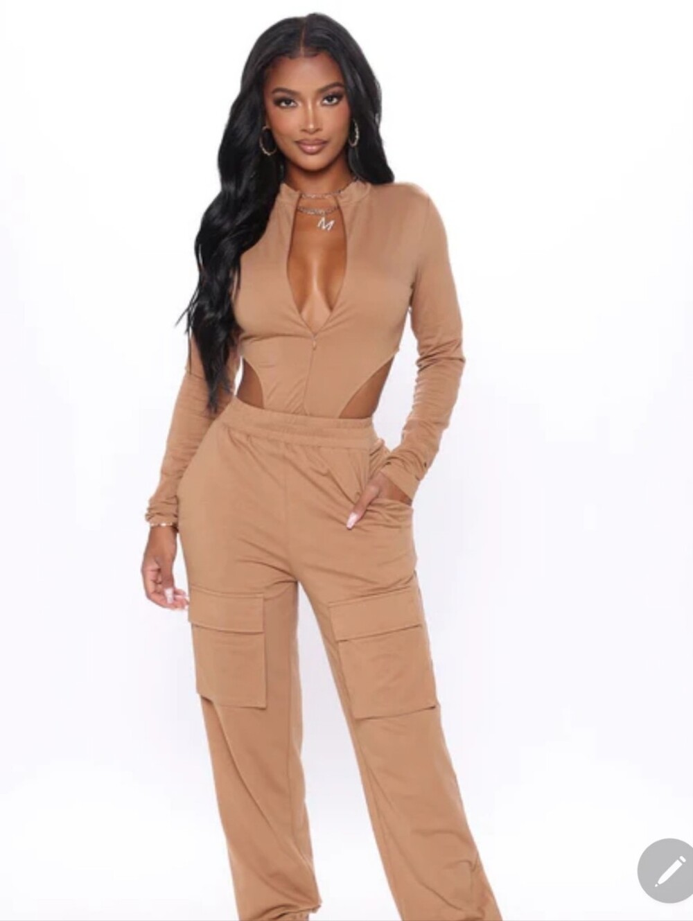 Fashion Nova Camel Long-Sleeve Cutout Cargo 2pc pant set